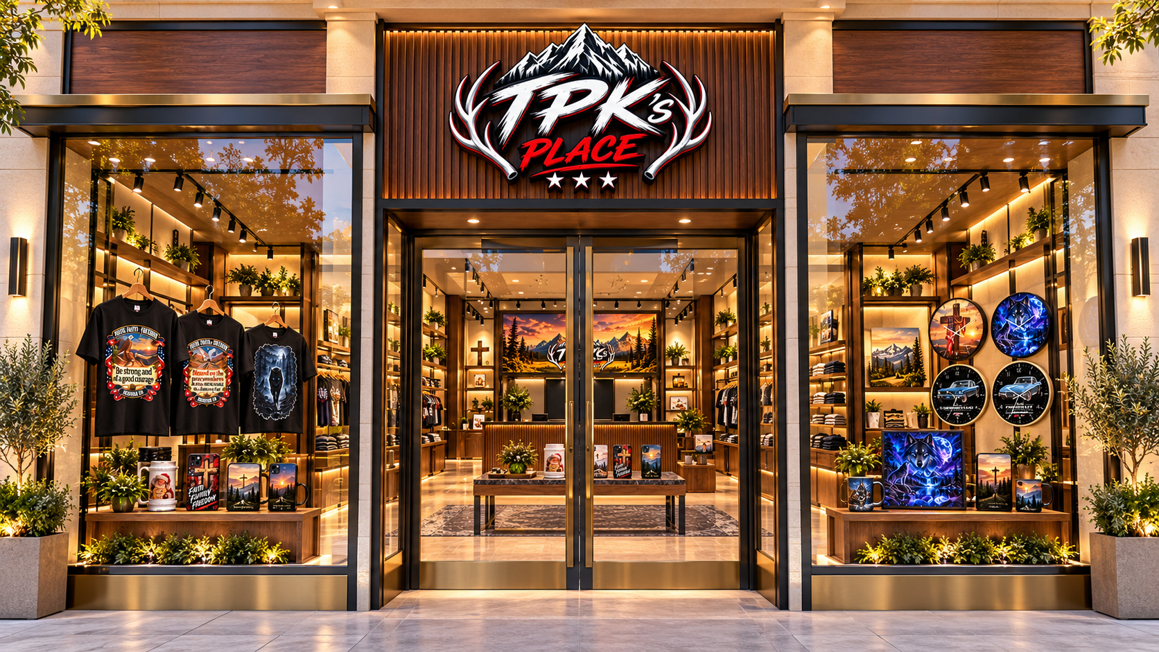 Outside TPK’s Place boutique, looking through glass doors into the warmly lit store
